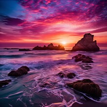 Purple Sunset Over The Pacific Ocean , Generated By AI