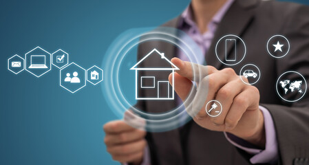 Property Management Real Estate Mortgage Rent Buy concept on the hexagons and transparent honeycomb structure presentation screen. Man pressing button on display with word in modern office