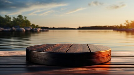 Sticker - Empty wooden round podium on wooden floor with sea, island, and beach background