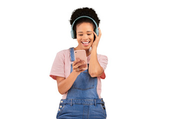 Woman, smile and cellphone or headphones for listening or radio, online or isolated transparent png background. Black person, mobile for streaming playlist or jazz track, podcast or hip hop audio