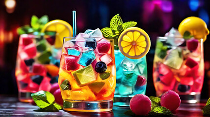 Wall Mural - Refreshment multicolor fruit cocktail with ice, lemon and mint in a bar, night club party with soft drinks