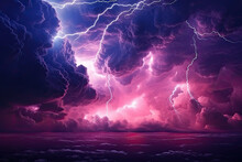 Raspberry Pink Night Sky With Clouds. Storm, Wind, Rain. Dramatic Dark Skies Background. Glow, Light, Lightning. Magical, Mystical, Ominous, Frightening, Spooky, Fantasy, Fantastic Heaven
