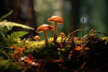 Forest mushrooms grow on a stump in moss