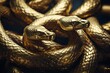 A close up of gold snakes on a black background