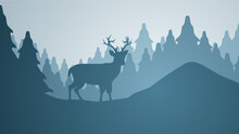 Wildlife Forest Landscape Vector Illustration. Scenery Of Reindeer Silhouette In The Pine Forest. Deer Wildlife Panorama For Illustration, Background Or Wallpaper