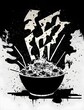 abstracted stencil art black and white illustration of poke salad soup vegan cup bowl graphic