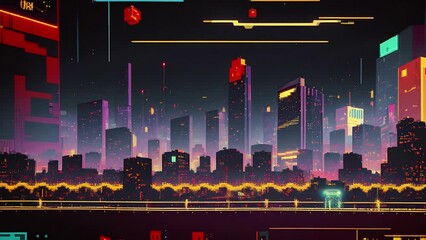 Wall Mural - Futuristic urban animation of cyberpunk cityscape with high skyscrapers. Steampunk cityscape animation in neon style with illustrations transformations, music visualization. AI generated video