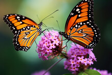 Two Beautiful Butterflies On Flower Close Up