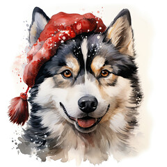 Poster - Mignon chien Husky avec bonnet de noël