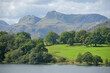 The small lake of Loughrigg Tarn beneath the Langdale Pikes in the Lake District