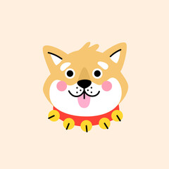 Wall Mural - Cute cartoon Shiba Inu puppy with a red collar with bells. Hand drawn vector illustration. Funny Christmas dog character card template.