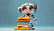 © Alberto Masnovo - Close-up of a cute robot standing with a stack of multicolored books in front of him, on a blue background with copy space. Concept of artificial intelligence, learning and school.