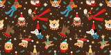Fototapeta Pokój dzieciecy - Seamless pattern with Cute cartoon dogs faces wearing different Christmas outfits.  Hand drawn vector illustration. Funny xmas background.