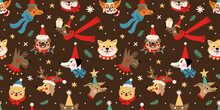Seamless Pattern With Cute Cartoon Dogs Faces Wearing Different Christmas Outfits.  Hand Drawn Vector Illustration. Funny Xmas Background.