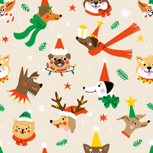 Seamless Pattern With Cute Cartoon Dogs Faces Wearing Different Christmas Outfits.  Hand Drawn Vector Illustration. Funny Xmas Background.