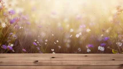 Wall Mural - Wooden table with grass and flowers in the meadow background.