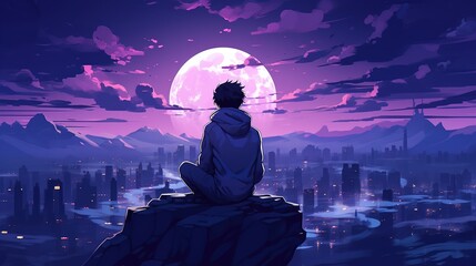 Silhouette of boy on Landscape background night city.