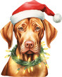 Christmas vizsla in santa hat wrapped in christmas lights created with Generative AI technology