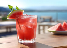 Cold Watermelon Juice Cocktail With Straw And Slice On Summer Vacation With Ocean View.Macro.AI Generative