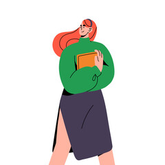 Wall Mural - Young business woman carrying tablet, holds notebook. Redhead girl, student in slit skirt walking. Happy office worker, employee strolling, looking back. Flat isolated vector illustration on white