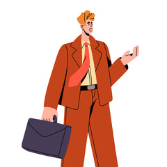 Wall Mural - Young employee wearing suit with tie. Businessman carrying briefcase, shocked man holds portfolio, office worker talks, speaks. Business management concept. Flat isolated vector illustration on white