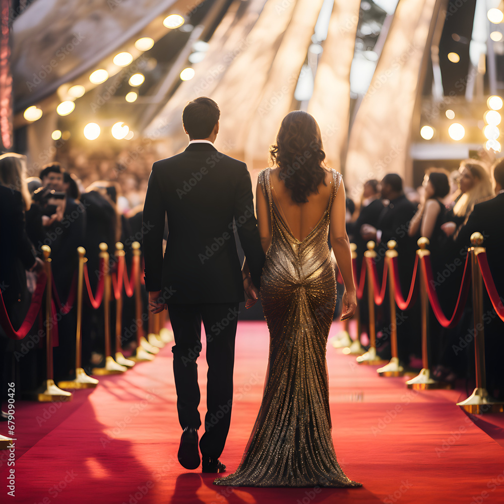 Man in a Tuxedo with a woman in a gold dress walking down the red ...