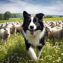 A Border Collie Dog Herding Sheep In A Field. Generative Ai. 