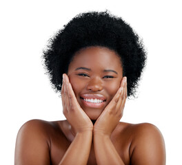 Smile, skincare and portrait of young black woman with natural, cosmetic and facial routine. Health, happy and African female model with dermatology treatment isolated by transparent png background.