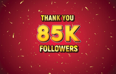 Golden 80K isolated on red background with golden confetti, Thank you followers peoples, 1k online social group, 85k