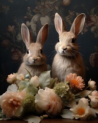 Wall Mural - fairy rabbit, bunny with Flowers, looking at camera, AI Generative