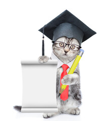 Poster - Smart graduated cat wearing eyeglasses and necktie holds the pen and shows empty list. isolated on white background