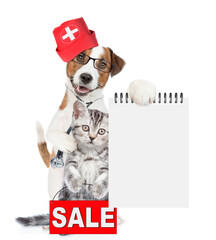 Aufkleber - Smart jack russell terrier dressed like a doctor with stethoscope on his neck hugs tiny kitten and shows empty notebook. Cat shows ignboard with labeled 