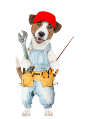 Poster - Funny Jack russell terrier puppy wearing red cap and denim overalls with tool belt holds adjustable wrench points away on empty space. isolated on white background