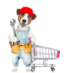Poster - Funny Jack russell terrier puppy wearing red cap and denim overalls with tool belt holds adjustable wrench pushing the shopping cart. isolated on white background