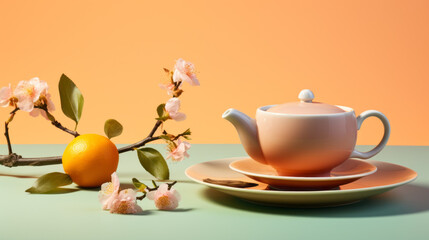 Wall Mural - A cup of tea and flowers on colorful background