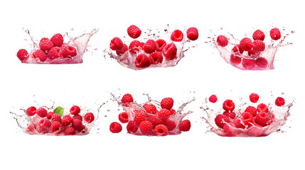 Collection of PNG. Raspberries in juice splash isolated on a transparent background.