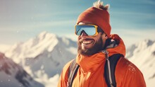 Happy, Smiling, Caucasian Man Against The Backdrop Of Snowy Mountains At A Ski Resort, During Vacation And Winter Holidays.