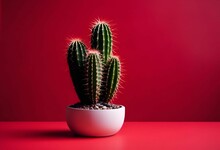 AI Generated Illustration Of A White Ceramic Pot With Cacti Against A Bright Red Wall Backdrop