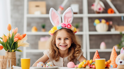 Wall Mural - A little girl makes decorations for Easter.