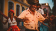 Old happy Cuban enjoys music and salsa dance with family in the city