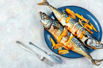 Wall Mural - Roasted mackerel fish with mango.