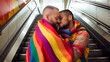 young gay couple kissing on elevator. Two young boyfriends in love. Diverse people of gay and lesbian community celebrating lgbt pride day, Afro-American  and Causian Kiss
