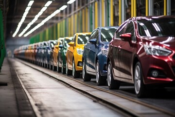 Poster - a line of freshly painted cars ready for quality check in a factory