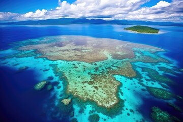 a panoramic aerial view of a sprawling coral reef system