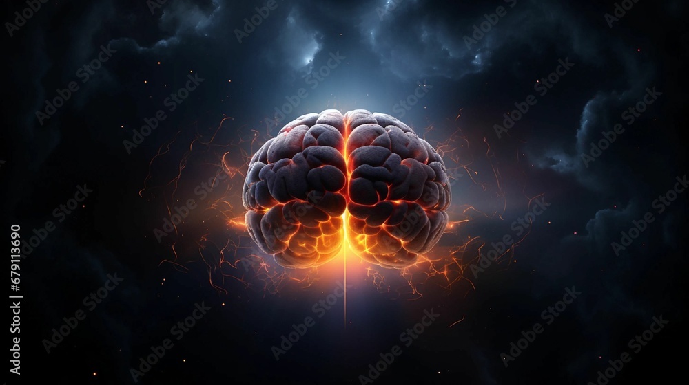 AI generated illustration of a human brain engulfed in flames and smoke ...