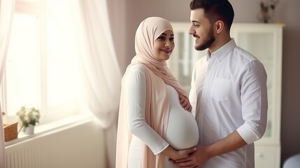 A young Arab man and a pregnant Muslim woman stand smiling looking at the camera in the living room background.