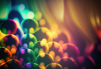 Wall Mural - Blur bubbles. Bokeh light flare. Defocused neon purple yellow green blue rainbow color glowing circles rays flecks on dark art illustration abstract background.