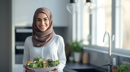 Wall Mural - Arab woman standing in modern kitchen holding salad bowl and smile for the camera