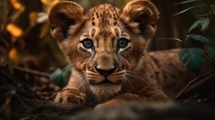 Wall Mural - little lion in the forest. created with generative ai.