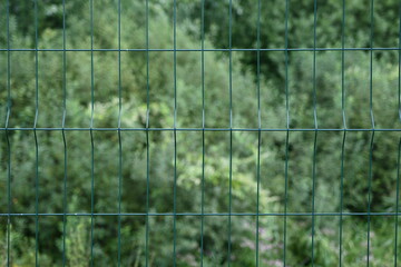 green mesh fence on the background of green nature, iron fence mesh close up, blurred city, city fences concept	
